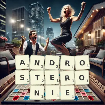Kreatywna ilustracja do gry w Scrabble ze słowem ANDROSTERONIE ułożonym z płytek na planszy.