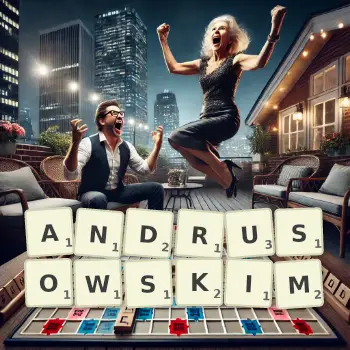 Kreatywna ilustracja do gry w Scrabble ze słowem ANDRUSOWSKIM ułożonym z płytek na planszy.