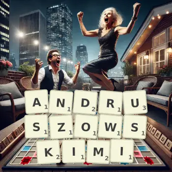 Kreatywna ilustracja do gry w Scrabble ze słowem ANDRUSZOWSKIMI ułożonym z płytek na planszy.