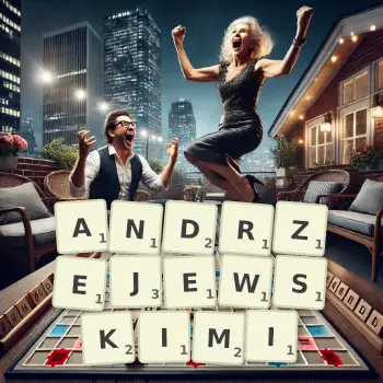 Kreatywna ilustracja do gry w Scrabble ze słowem ANDRZEJEWSKIMI ułożonym z płytek na planszy.