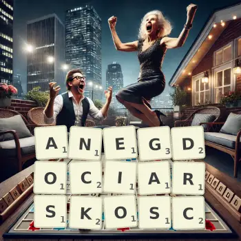 Kreatywna ilustracja do gry w Scrabble ze słowem ANEGDOCIARSKOSC ułożonym z płytek na planszy.