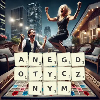 Kreatywna ilustracja do gry w Scrabble ze słowem ANEGDOTYCZNYM ułożonym z płytek na planszy.