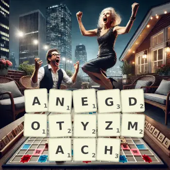 Kreatywna ilustracja do gry w Scrabble ze słowem ANEGDOTYZMACH ułożonym z płytek na planszy.