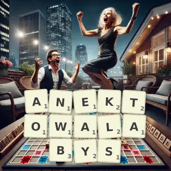 Kreatywna ilustracja do gry w Scrabble ze słowem ANEKTOWALABYS ułożonym z płytek na planszy.