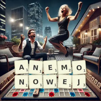 Kreatywna ilustracja do gry w Scrabble ze słowem ANEMONOWEJ ułożonym z płytek na planszy.
