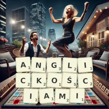 Kreatywna ilustracja do gry w Scrabble ze słowem ANGLICKOŚCIAMI ułożonym z płytek na planszy.