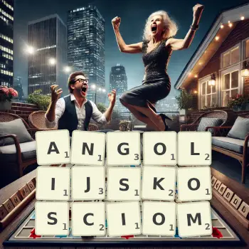 Kreatywna ilustracja do gry w Scrabble ze słowem ANGOLIJSKOSCIOM ułożonym z płytek na planszy.