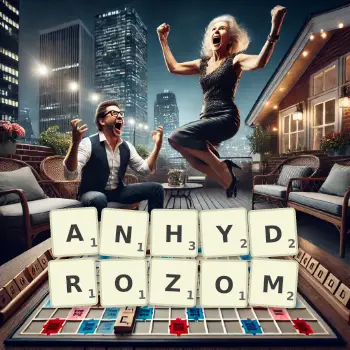 Kreatywna ilustracja do gry w Scrabble ze słowem ANHYDROZOM ułożonym z płytek na planszy.