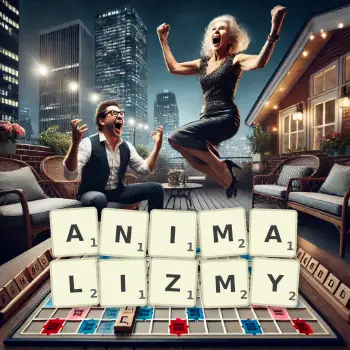 Kreatywna ilustracja do gry w Scrabble ze słowem ANIMALIZMY ułożonym z płytek na planszy.