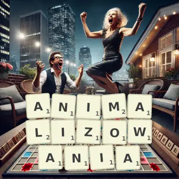 Kreatywna ilustracja do gry w Scrabble ze słowem ANIMALIZOWANIA ułożonym z płytek na planszy.