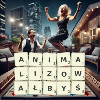 Kreatywna ilustracja do gry w Scrabble ze słowem ANIMALIZOWAŁBYŚ ułożonym z płytek na planszy.