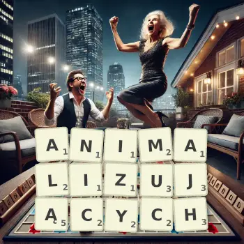 Kreatywna ilustracja do gry w Scrabble ze słowem ANIMALIZUJĄCYCH ułożonym z płytek na planszy.