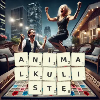 Kreatywna ilustracja do gry w Scrabble ze słowem ANIMALKULISTĘ ułożonym z płytek na planszy.