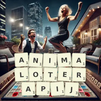 Kreatywna ilustracja do gry w Scrabble ze słowem ANIMALOTERAPIJ ułożonym z płytek na planszy.