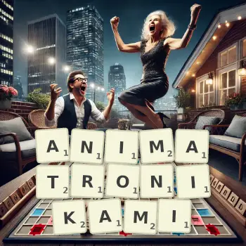 Kreatywna ilustracja do gry w Scrabble ze słowem ANIMATRONIKAMI ułożonym z płytek na planszy.