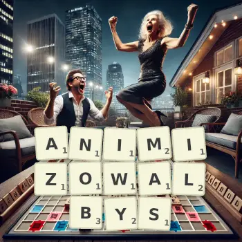 Kreatywna ilustracja do gry w Scrabble ze słowem ANIMIZOWALBYS ułożonym z płytek na planszy.