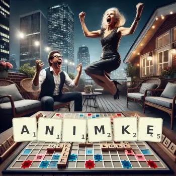 Kreatywna ilustracja do gry w Scrabble ze słowem ANIMKĘ ułożonym z płytek na planszy.