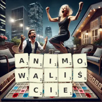 Kreatywna ilustracja do gry w Scrabble ze słowem ANIMOWALIŚCIE ułożonym z płytek na planszy.