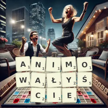 Kreatywna ilustracja do gry w Scrabble ze słowem ANIMOWAŁYŚCIE ułożonym z płytek na planszy.