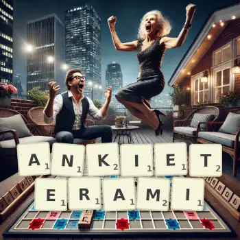 Kreatywna ilustracja do gry w Scrabble ze słowem ANKIETERAMI ułożonym z płytek na planszy.