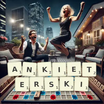 Kreatywna ilustracja do gry w Scrabble ze słowem ANKIETERSKI ułożonym z płytek na planszy.