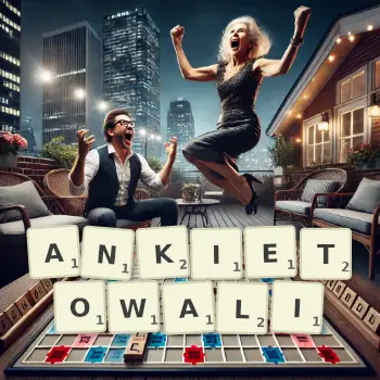 Kreatywna ilustracja do gry w Scrabble ze słowem ANKIETOWALI ułożonym z płytek na planszy.