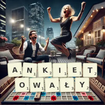 Kreatywna ilustracja do gry w Scrabble ze słowem ANKIETOWAŁY ułożonym z płytek na planszy.