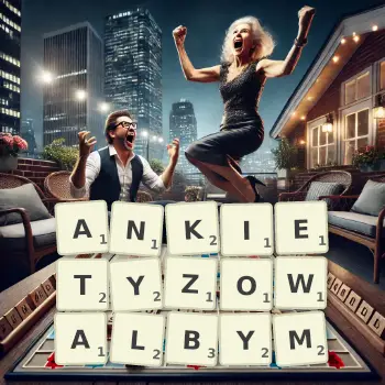 Kreatywna ilustracja do gry w Scrabble ze słowem ANKIETYZOWALBYM ułożonym z płytek na planszy.