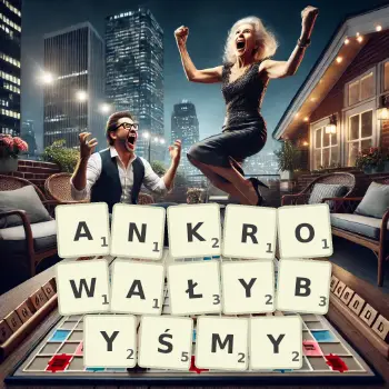 Kreatywna ilustracja do gry w Scrabble ze słowem ANKROWAŁYBYŚMY ułożonym z płytek na planszy.