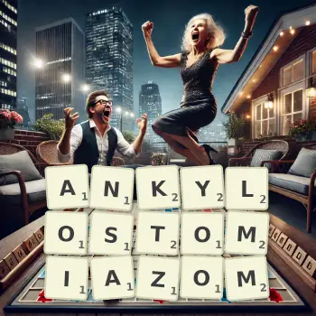 Kreatywna ilustracja do gry w Scrabble ze słowem ANKYLOSTOMIAZOM ułożonym z płytek na planszy.