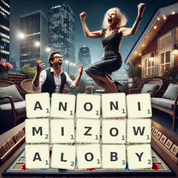 Kreatywna ilustracja do gry w Scrabble ze słowem ANONIMIZOWALOBY ułożonym z płytek na planszy.