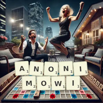 Kreatywna ilustracja do gry w Scrabble ze słowem ANONIMOWI ułożonym z płytek na planszy.