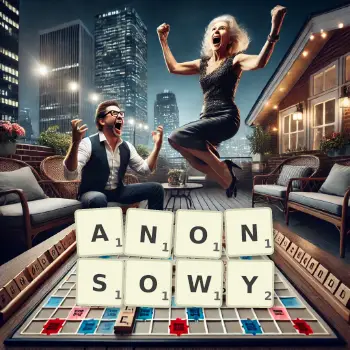 Kreatywna ilustracja do gry w Scrabble ze słowem ANONSOWY ułożonym z płytek na planszy.