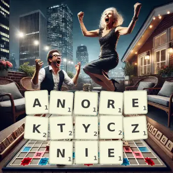 Kreatywna ilustracja do gry w Scrabble ze słowem ANOREKTYCZNIE ułożonym z płytek na planszy.