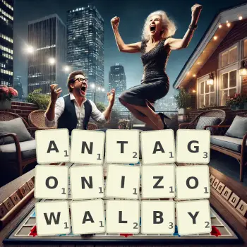 Kreatywna ilustracja do gry w Scrabble ze słowem ANTAGONIZOWALBY ułożonym z płytek na planszy.