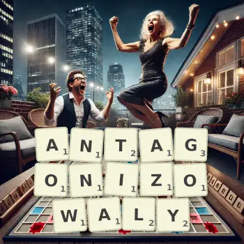 Kreatywna ilustracja do gry w Scrabble ze słowem ANTAGONIZOWALY ułożonym z płytek na planszy.