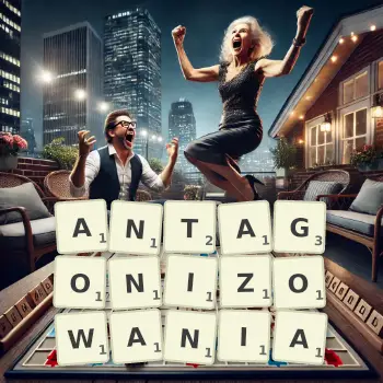 Kreatywna ilustracja do gry w Scrabble ze słowem ANTAGONIZOWANIA ułożonym z płytek na planszy.
