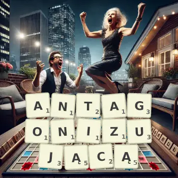 Kreatywna ilustracja do gry w Scrabble ze słowem ANTAGONIZUJĄCĄ ułożonym z płytek na planszy.