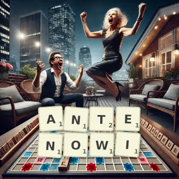 Kreatywna ilustracja do gry w Scrabble ze słowem ANTENOWI ułożonym z płytek na planszy.