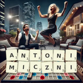 Kreatywna ilustracja do gry w Scrabble ze słowem ANTONIMICZNI ułożonym z płytek na planszy.