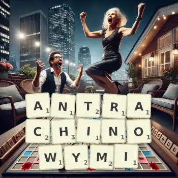 Kreatywna ilustracja do gry w Scrabble ze słowem ANTRACHINOWYMI ułożonym z płytek na planszy.