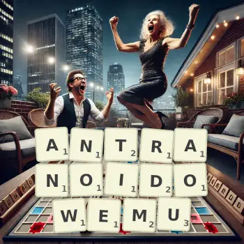 Kreatywna ilustracja do gry w Scrabble ze słowem ANTRANOIDOWEMU ułożonym z płytek na planszy.