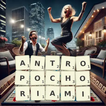 Kreatywna ilustracja do gry w Scrabble ze słowem ANTROPOCHORIAMI ułożonym z płytek na planszy.