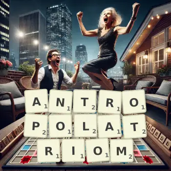 Kreatywna ilustracja do gry w Scrabble ze słowem ANTROPOLATRIOM ułożonym z płytek na planszy.