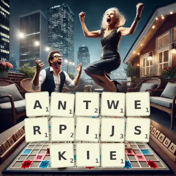 Kreatywna ilustracja do gry w Scrabble ze słowem ANTWERPIJSKIE ułożonym z płytek na planszy.