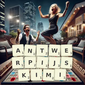 Kreatywna ilustracja do gry w Scrabble ze słowem ANTWERPIJSKIMI ułożonym z płytek na planszy.