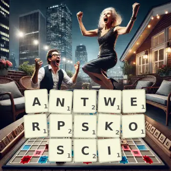 Kreatywna ilustracja do gry w Scrabble ze słowem ANTWERPSKOSCI ułożonym z płytek na planszy.