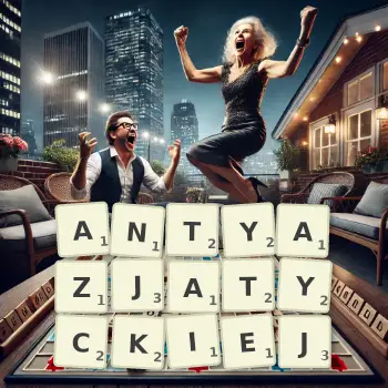 Kreatywna ilustracja do gry w Scrabble ze słowem ANTYAZJATYCKIEJ ułożonym z płytek na planszy.