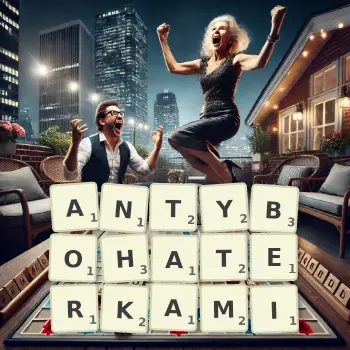 Kreatywna ilustracja do gry w Scrabble ze słowem ANTYBOHATERKAMI ułożonym z płytek na planszy.