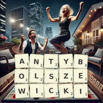 Kreatywna ilustracja do gry w Scrabble ze słowem ANTYBOLSZEWICKI ułożonym z płytek na planszy.